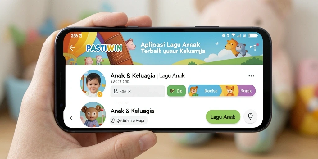 Antarmuka pengguna PASTIWIN yang menarik dan penuh warna untuk lagu anak.